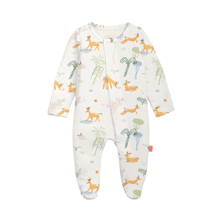 Gazelle in the Palms Soso Snaps onesie, front view / قطعة Gazelle in the Palms بنقشة الغزلان والنخيل، من الأمام