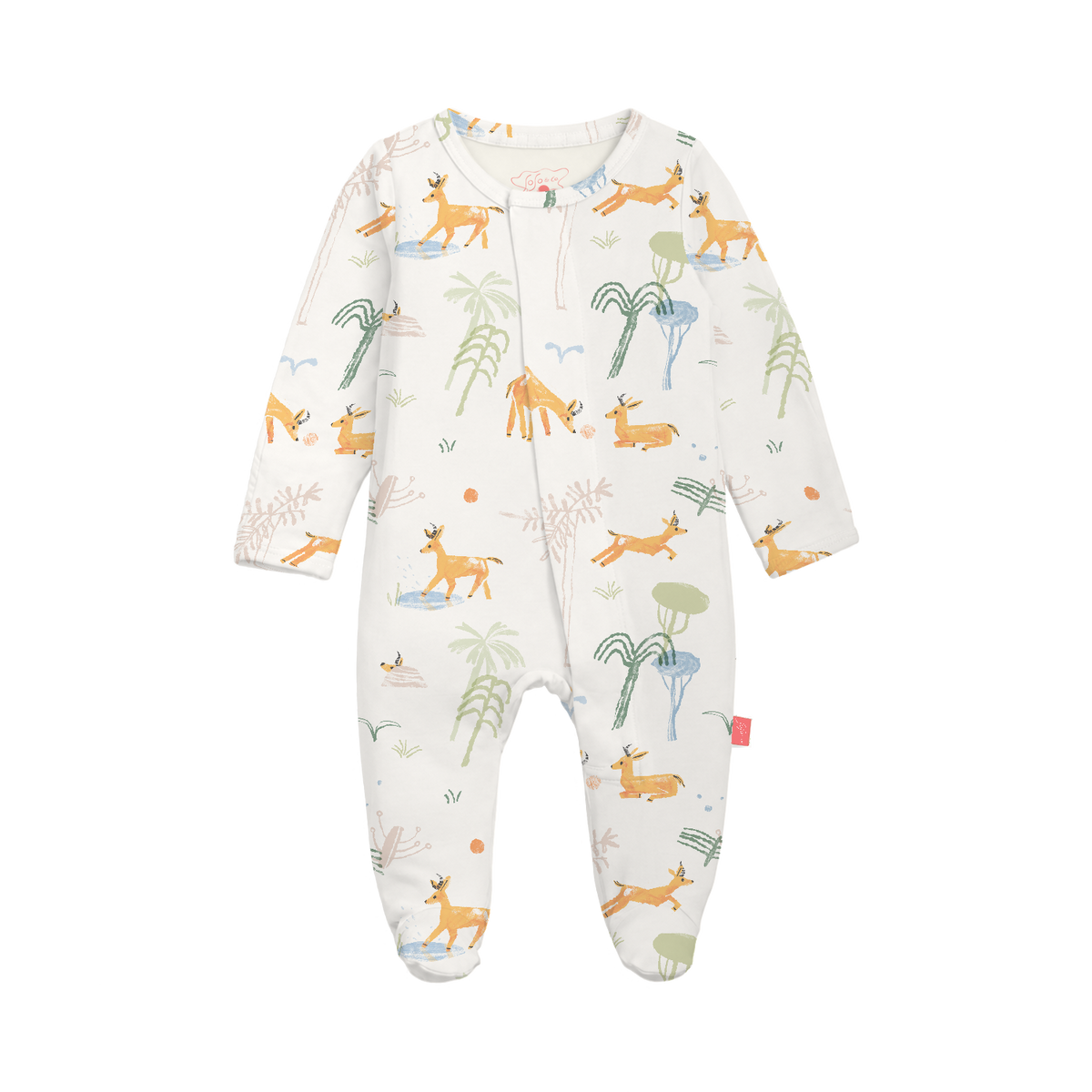 Gazelle in the Palms Soso Snaps onesie, front view / قطعة Gazelle in the Palms بنقشة الغزلان والنخيل، من الأمام